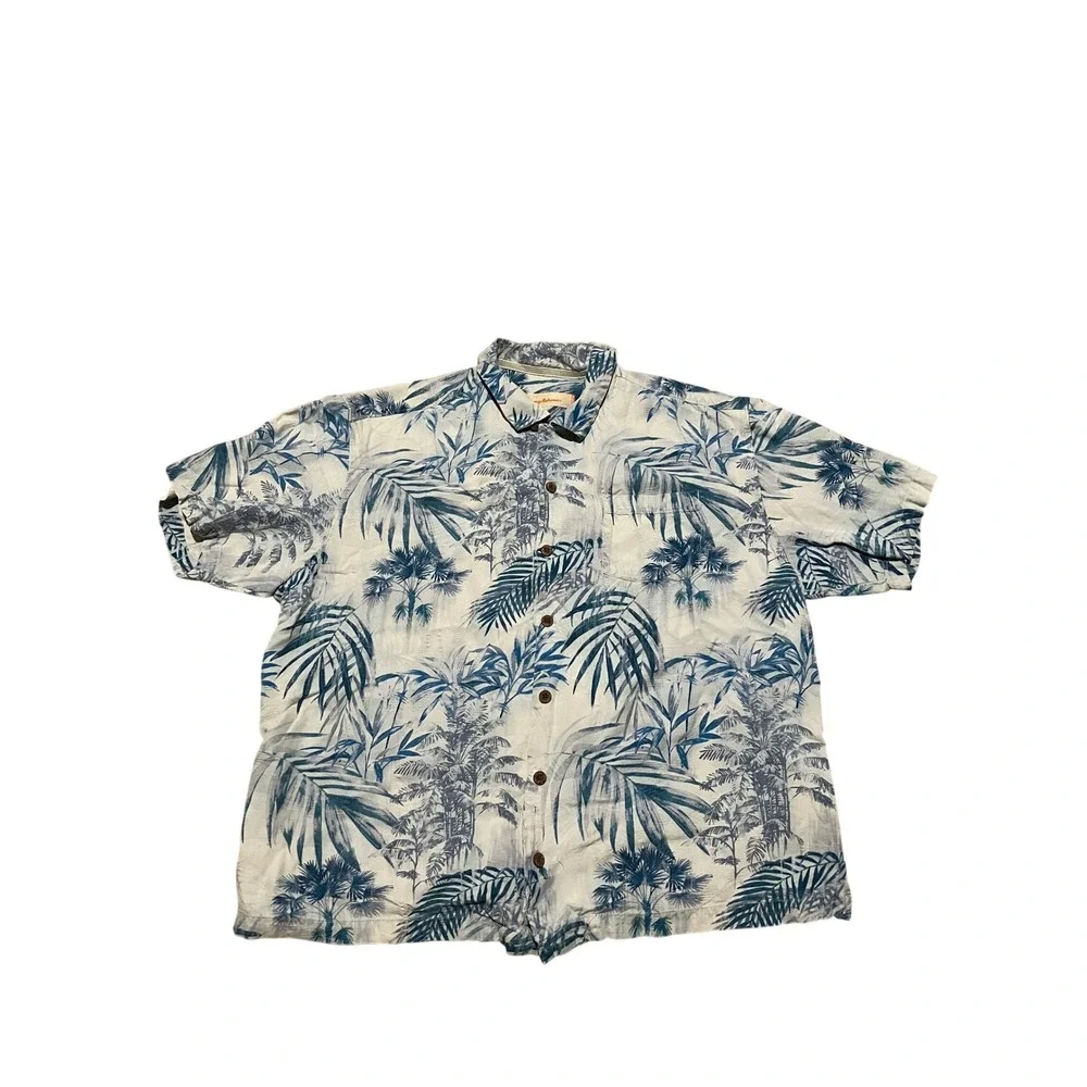 Tommy Bahama Mens XL Silk Camp Shirt Blue White Tropical Palm Tree Button Up